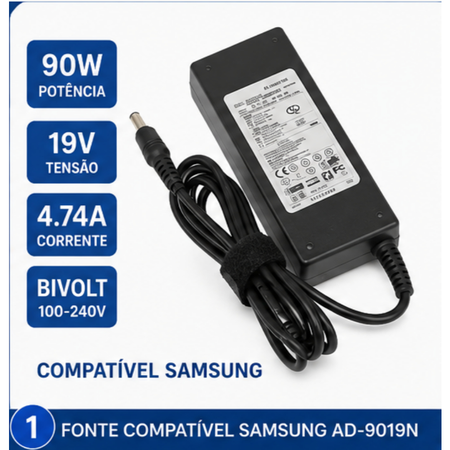 Fonte Carregador Compatível Samsung AD-9019N Notebook 19V 4.74A 90W Plug 5.5×3.0