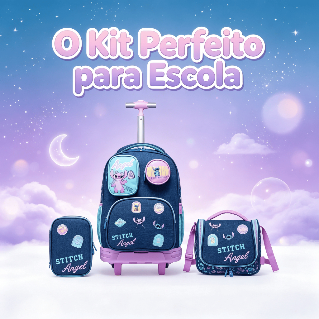 Kit Mochila Rodinha Stitch Disney Escolar  Estojo Lancheira Espaçosa