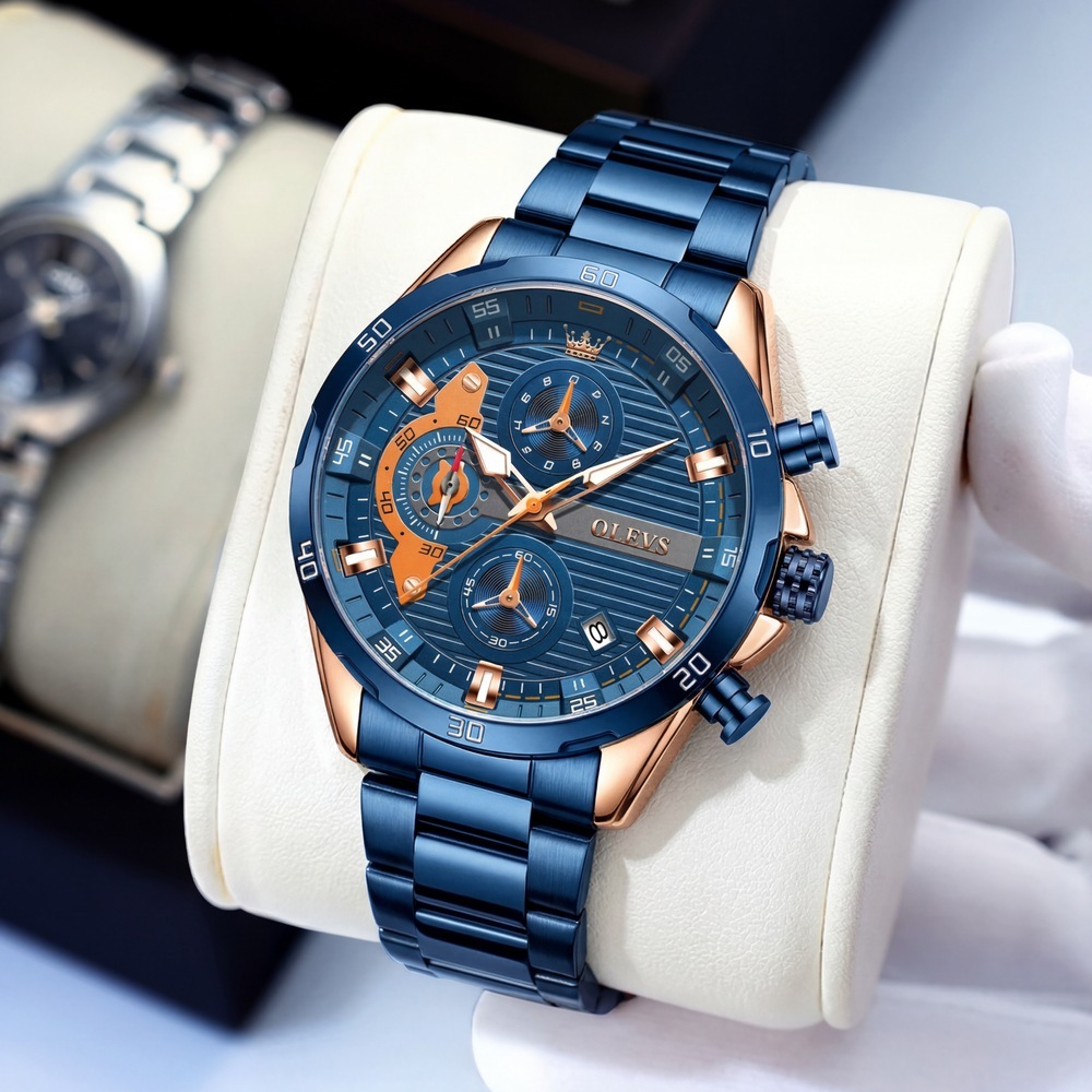 OLEVS Relógio Esportivo Masculino Cronógrafo Design Pinça de Freio Azul Dourado