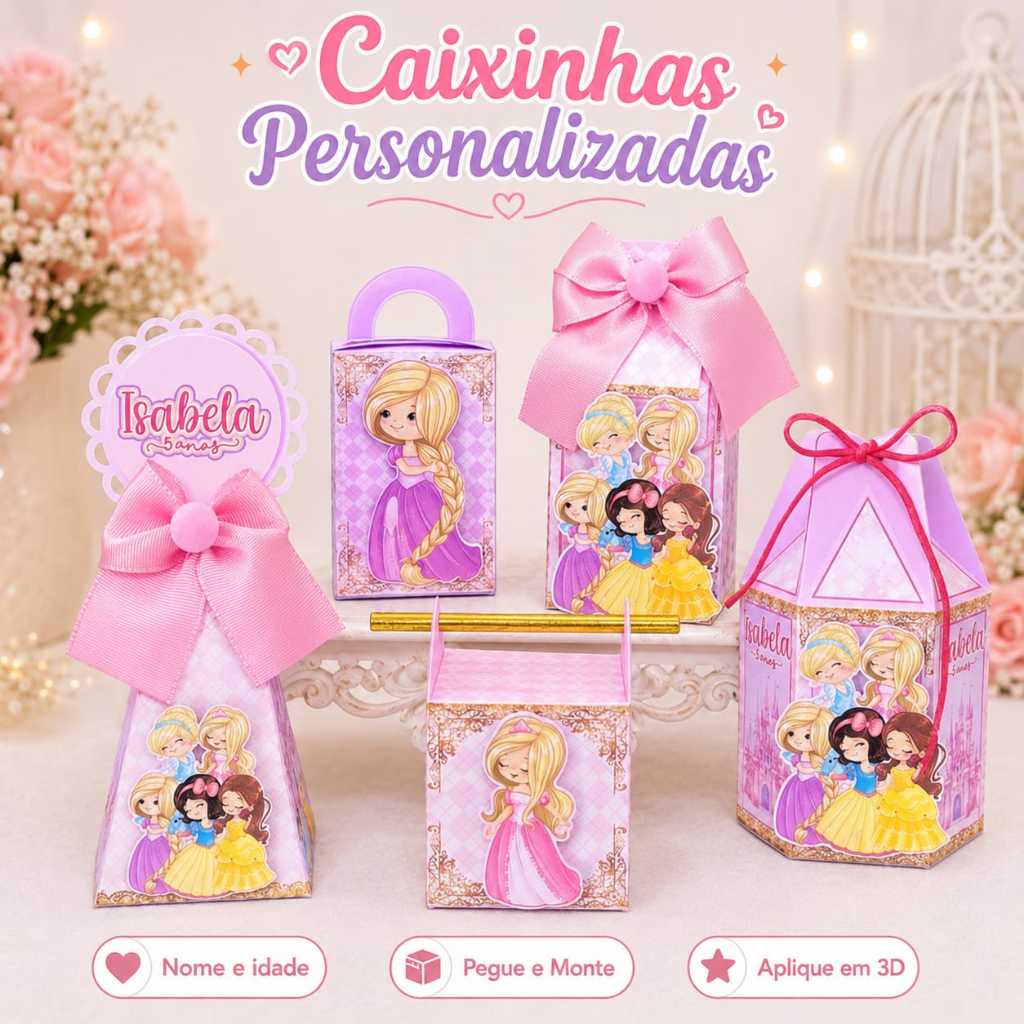 Kit Festa Caixinhas Personalizadas Princesas com Nome  Idade - Lembrancinha Infantil Aniversário com Aplique