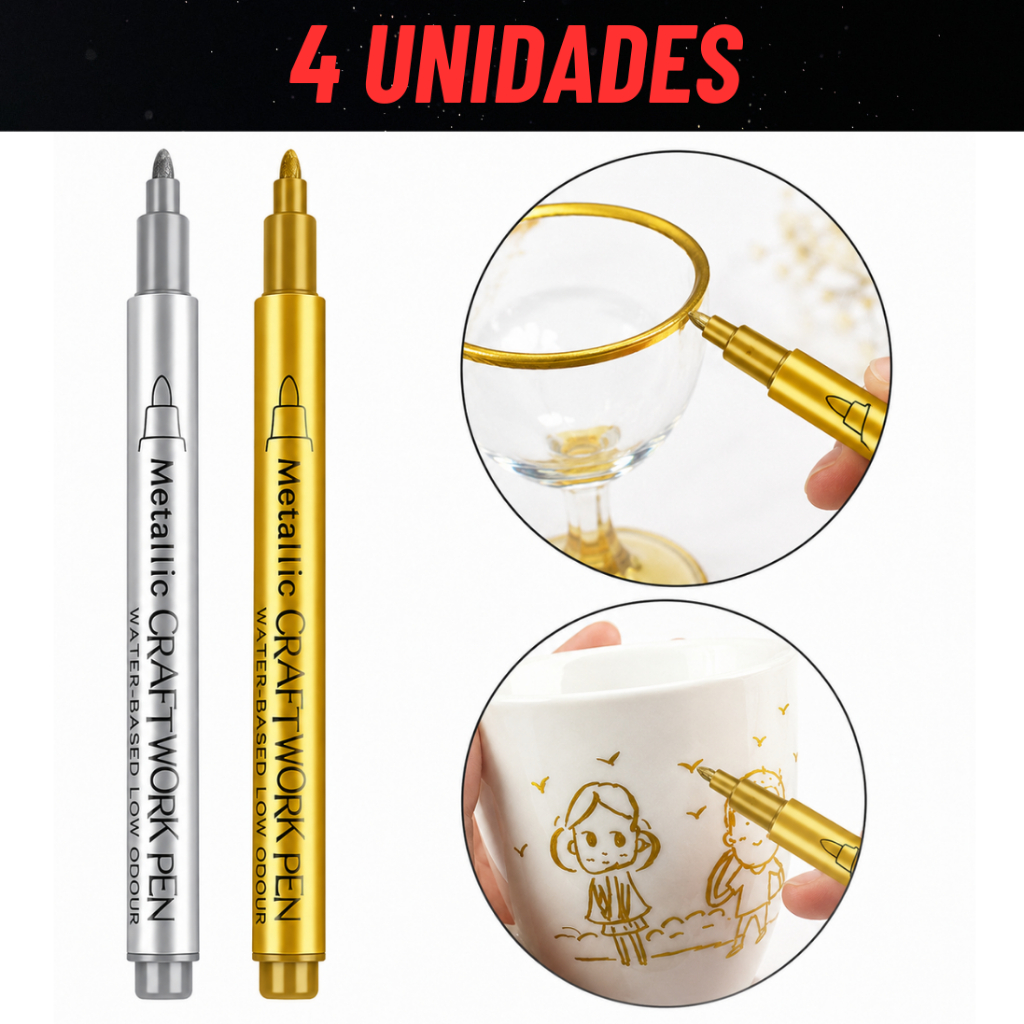 Kit 4 ou 8 Canetas Metálicas Brush Dourada e Prata Marcador Premium Lettering DIY