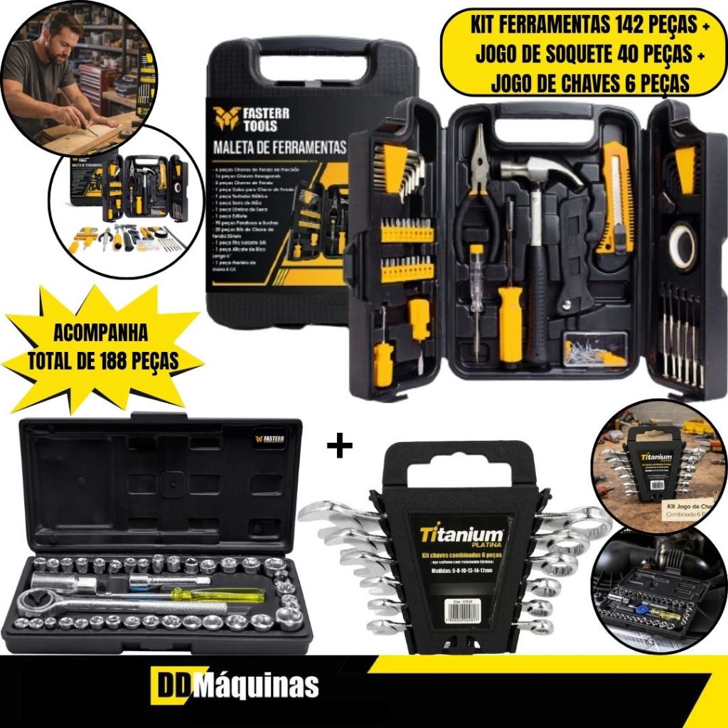 Kit Chave Combinada Com 6 Peças + Kit com 142 Peças + Maleta + Jogo de 40 Soquet