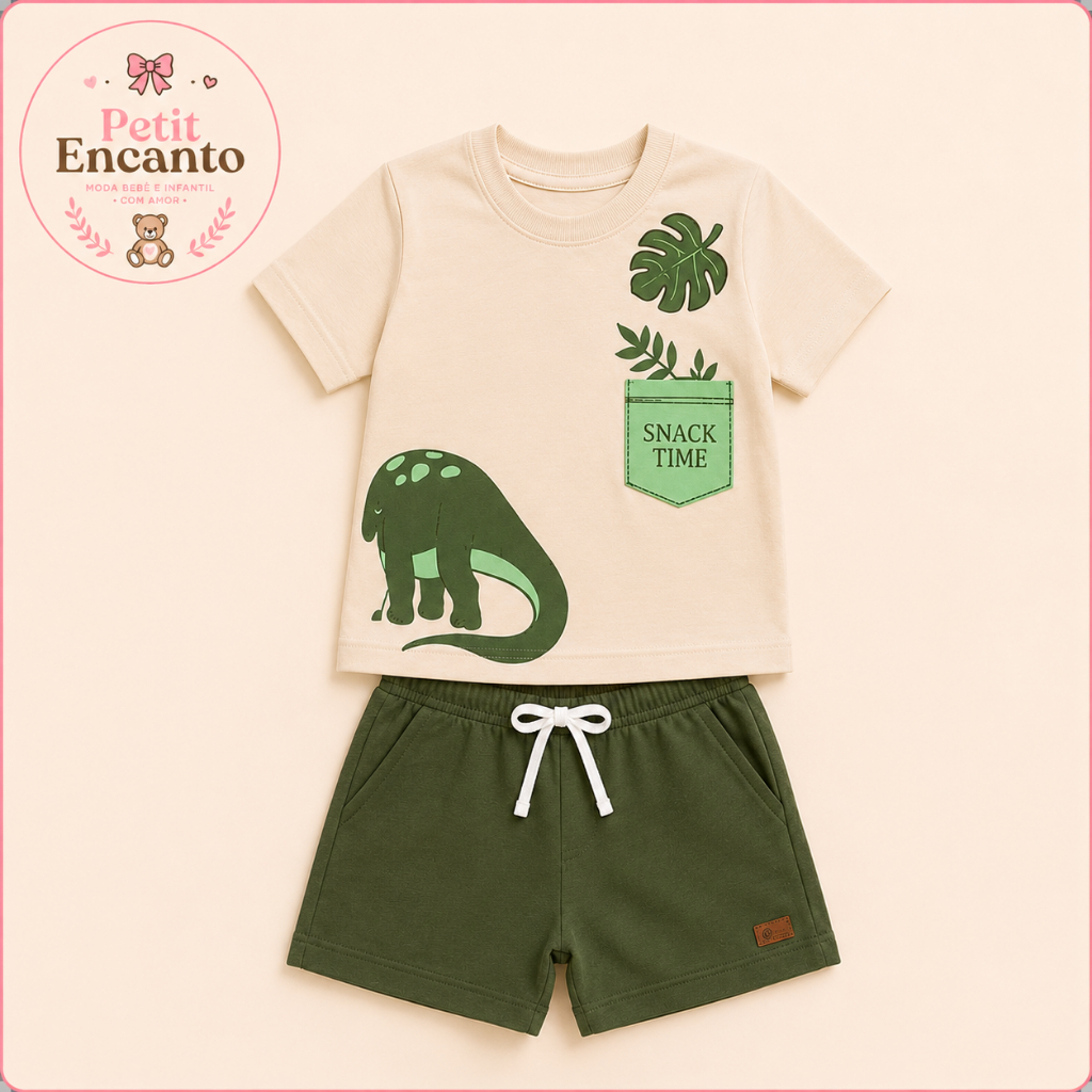 🦕 Conjunto Infantil Menino Dinossauro – Camiseta + Bermuda
