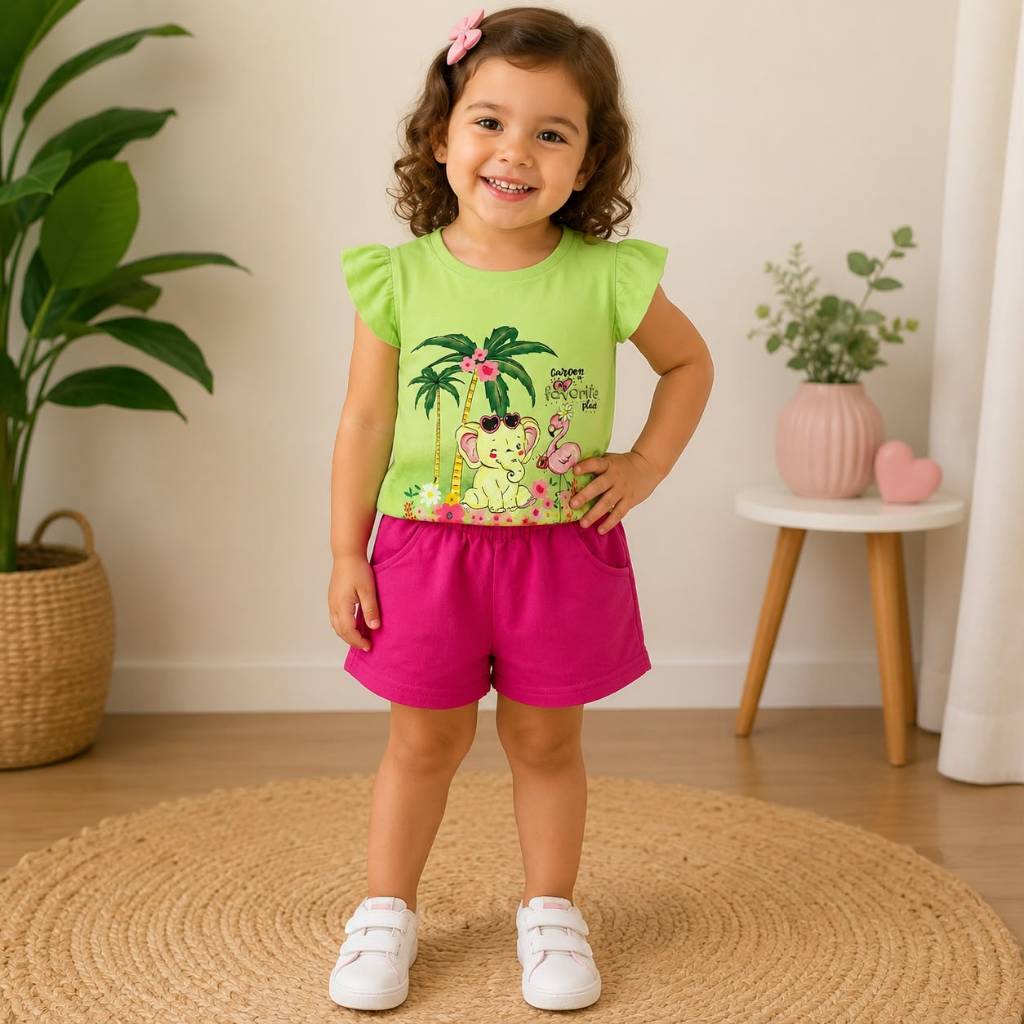 Conjunto infantil feminino, blusa estampada, short, casual, confortável, menina e verão