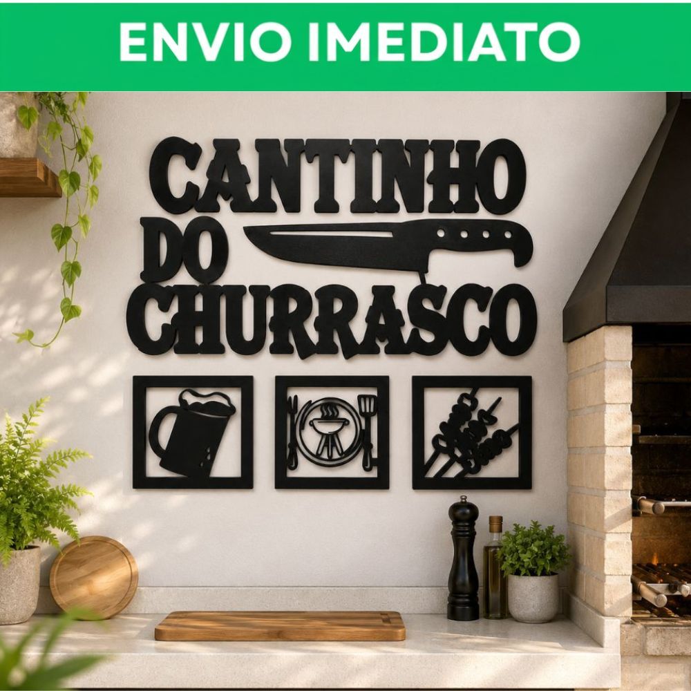 Kit Decorativo Cantinho do Churrasco em MDF Preto Fosco 30x27cm para Área Gourmet