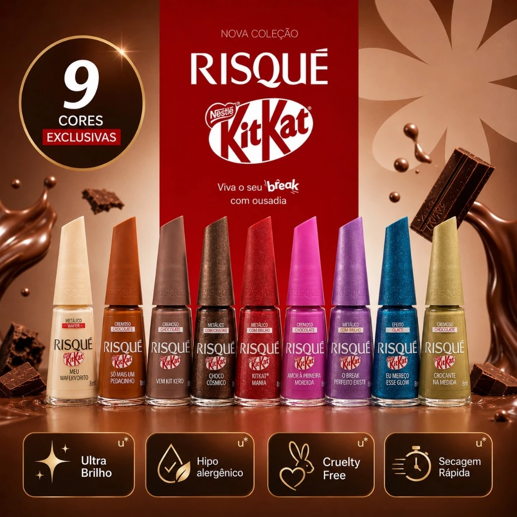 Risque KitKat Lançamento Kit 9 Cores de Esmalte Hipoalergênico - Com cheirinho de chocolate Kit Kat — imagem 1