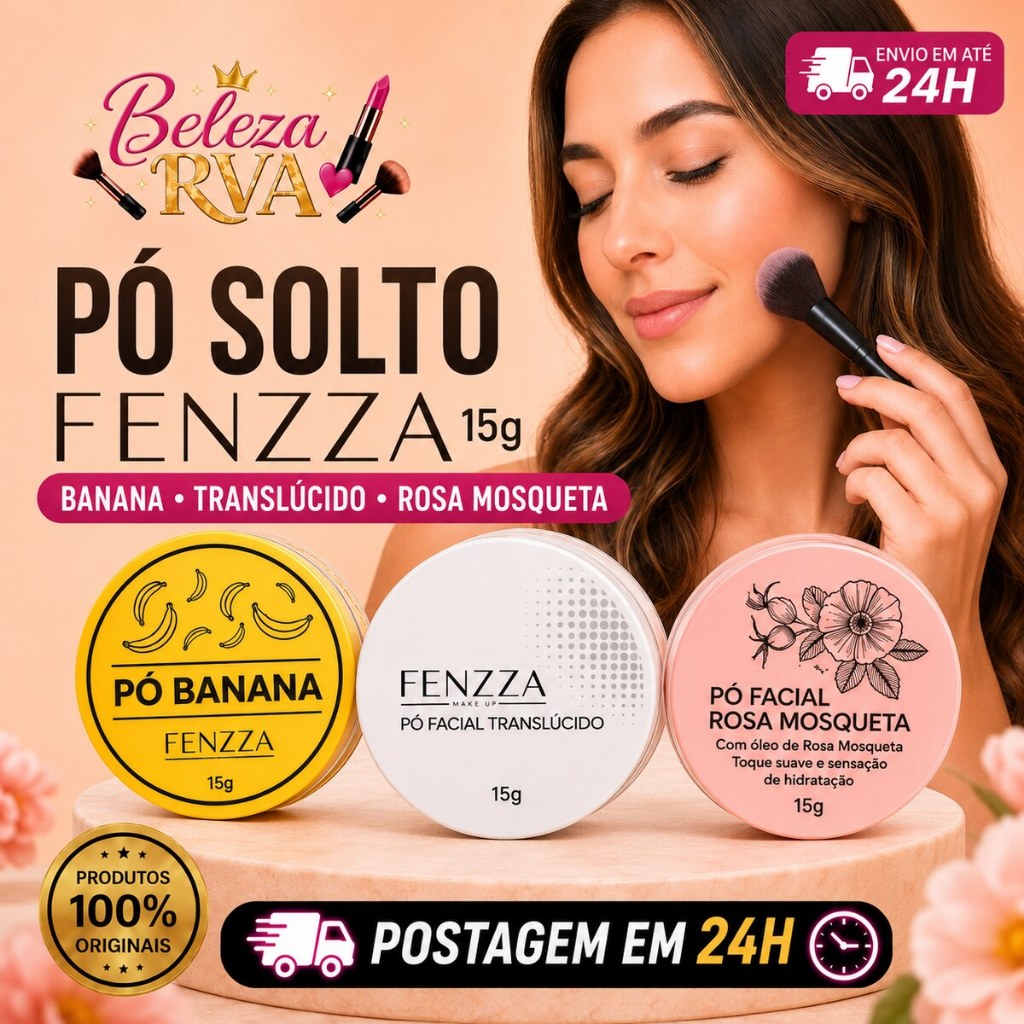Pó Solto Facial Fenzza Matte Banana, Rosa Mosqueta ou Translúcido - Acabamento Matte