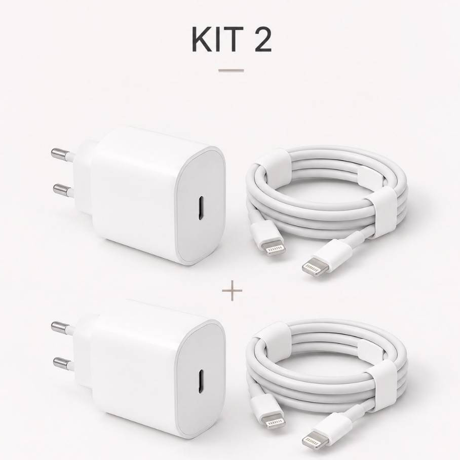 KIT 2 Carregador Turbo iPhone Android 20W Kit Completo com Cabo Rápido USB-C
