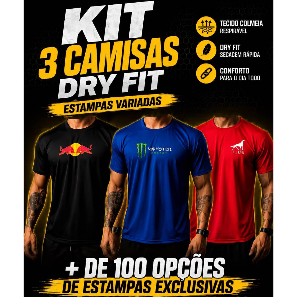 Kit Com 3 Camisas DRY FIT Com Elastano Esportiva Academia Ideal Para Treinos Intensos