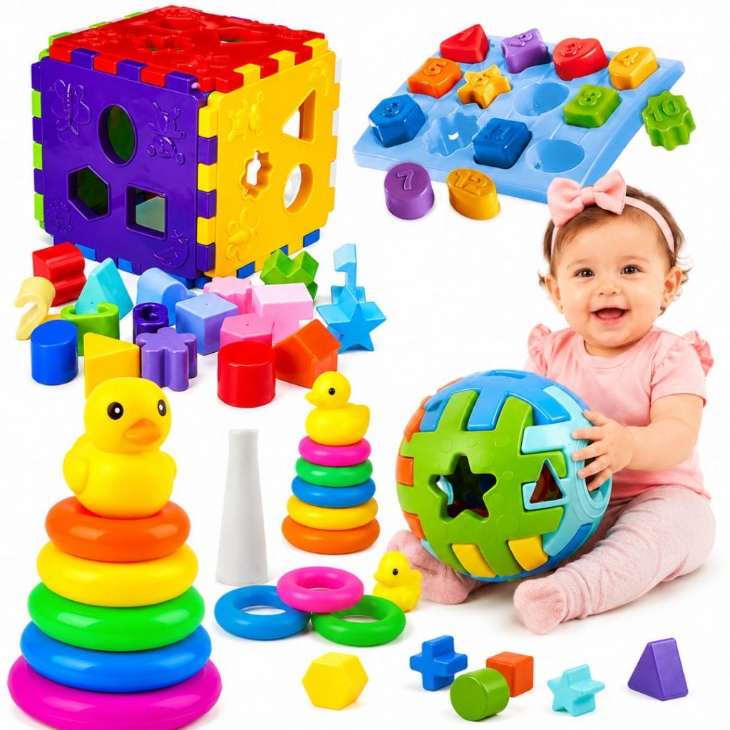 Kit Brinquedo de Encaixar Para Bebê Cubo Didático Bola Interativa Brincando Com Números