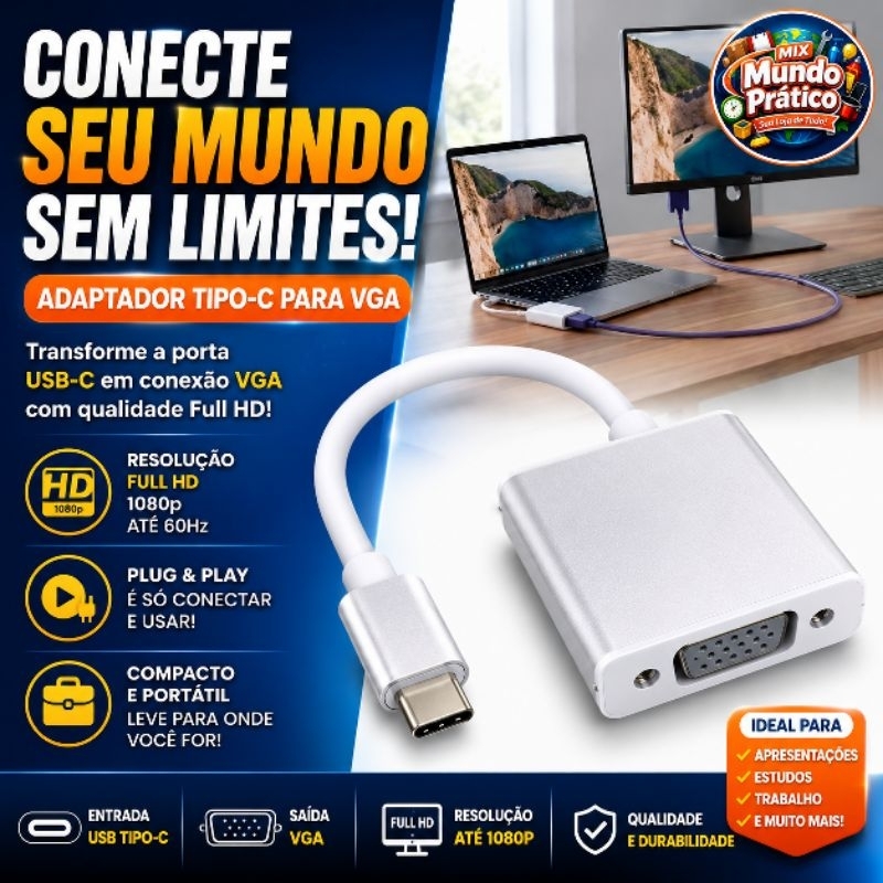 Adaptador Conversor Tipo-C Para VGA 1080p Full Hd