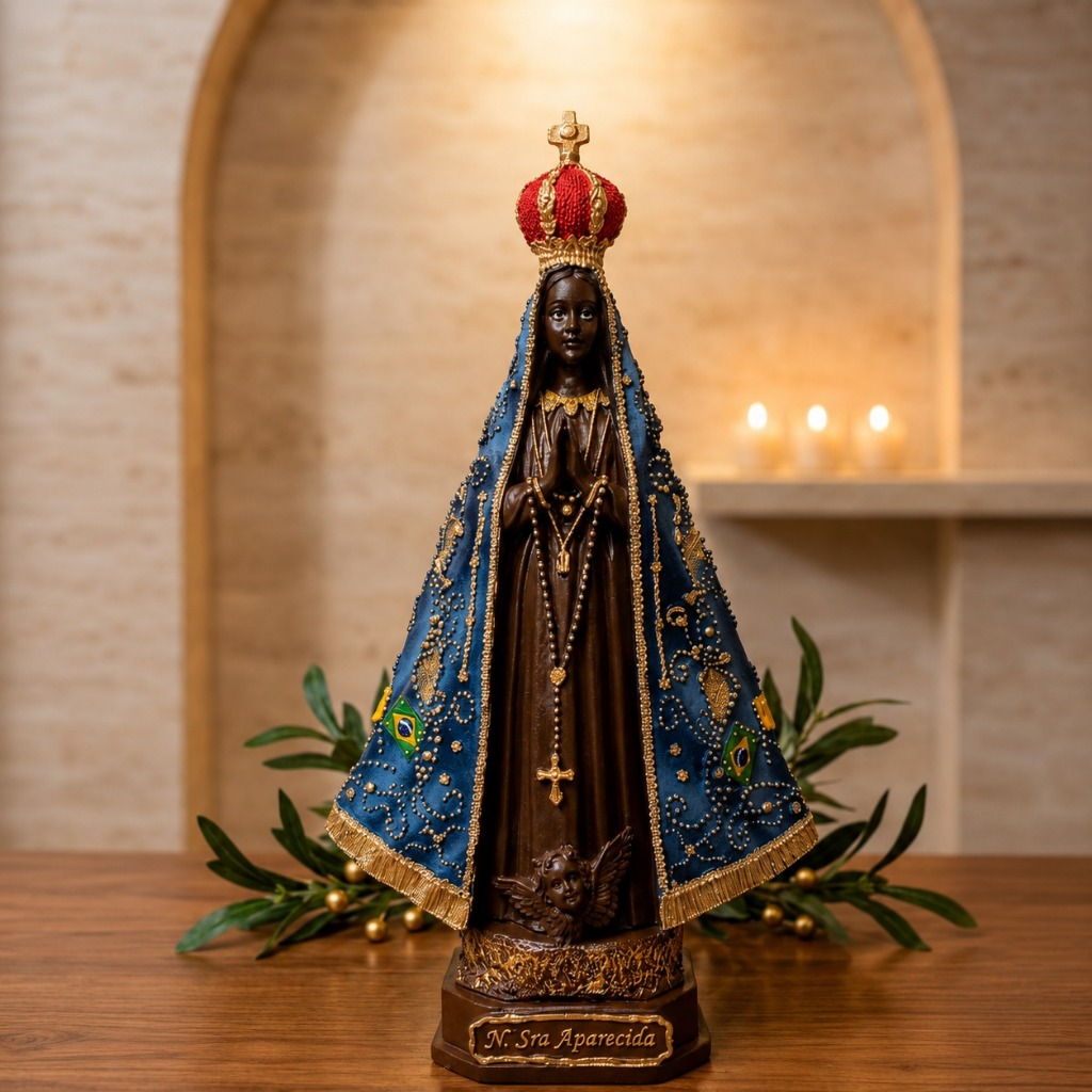 Escultura Imagem Nossa Senhora Aparecida 25cm Resina Importada  Manto Detalhado
