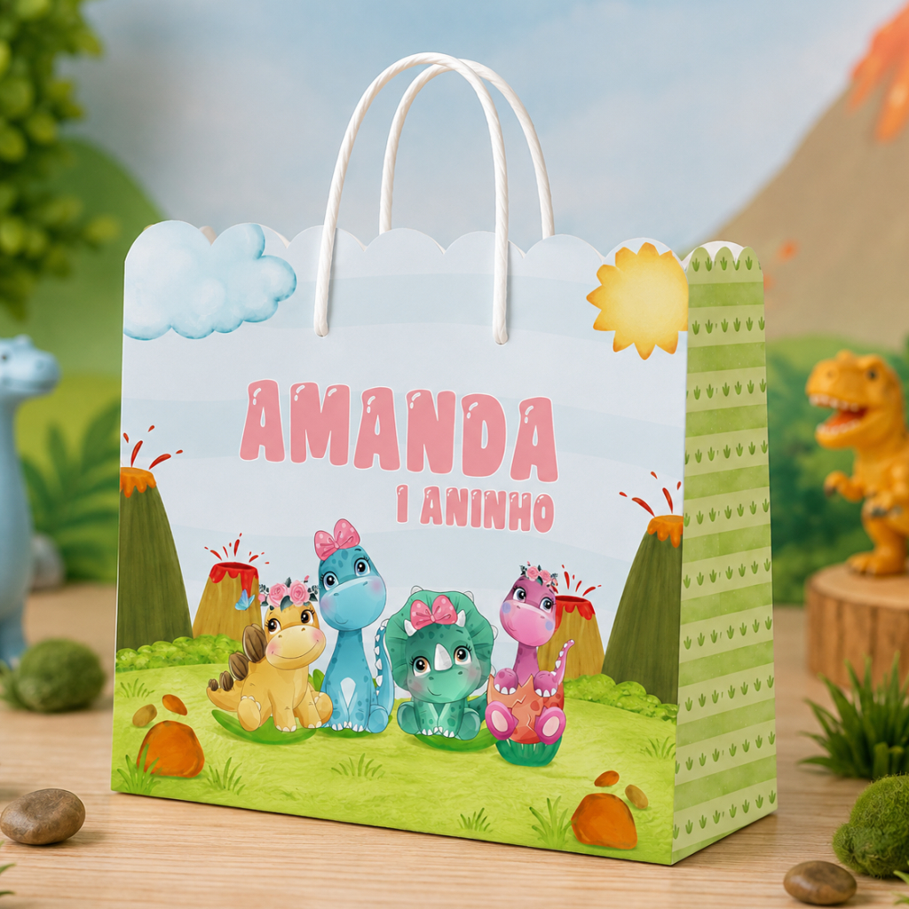 Kit Sacolinha Sacola Papelaria Personalizada Dinossauro Baby Rosa Sacolinha de Lembrancinha