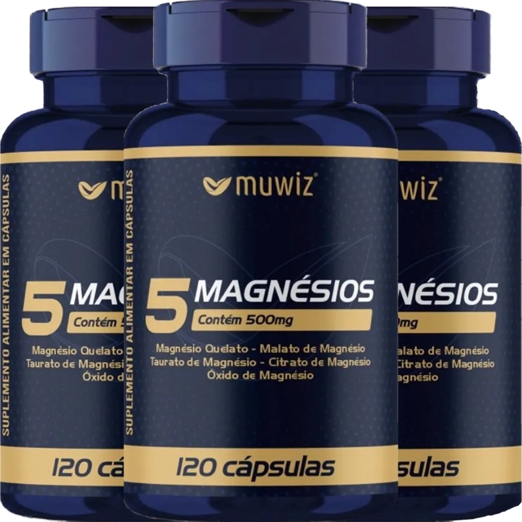 KIT 3x 5 Magnésios ( Quelato + Malato + Taurato + Citrato + Óxido ) 120 Cápsulas 500mg - Muwiz