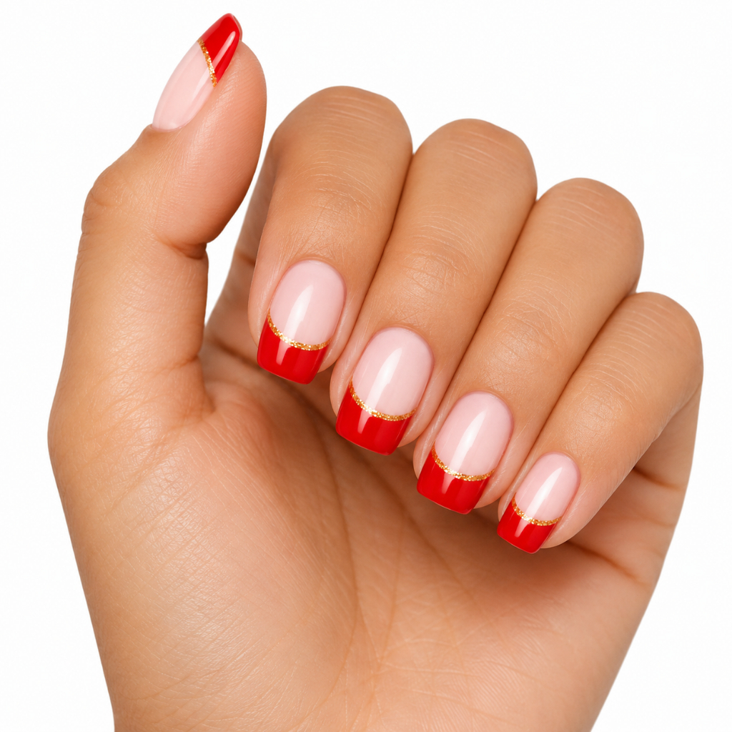 Finger Queen Unhas Posticas Francesinha Elegante Quadrada Curta 24pcs com Adisivos em Gel