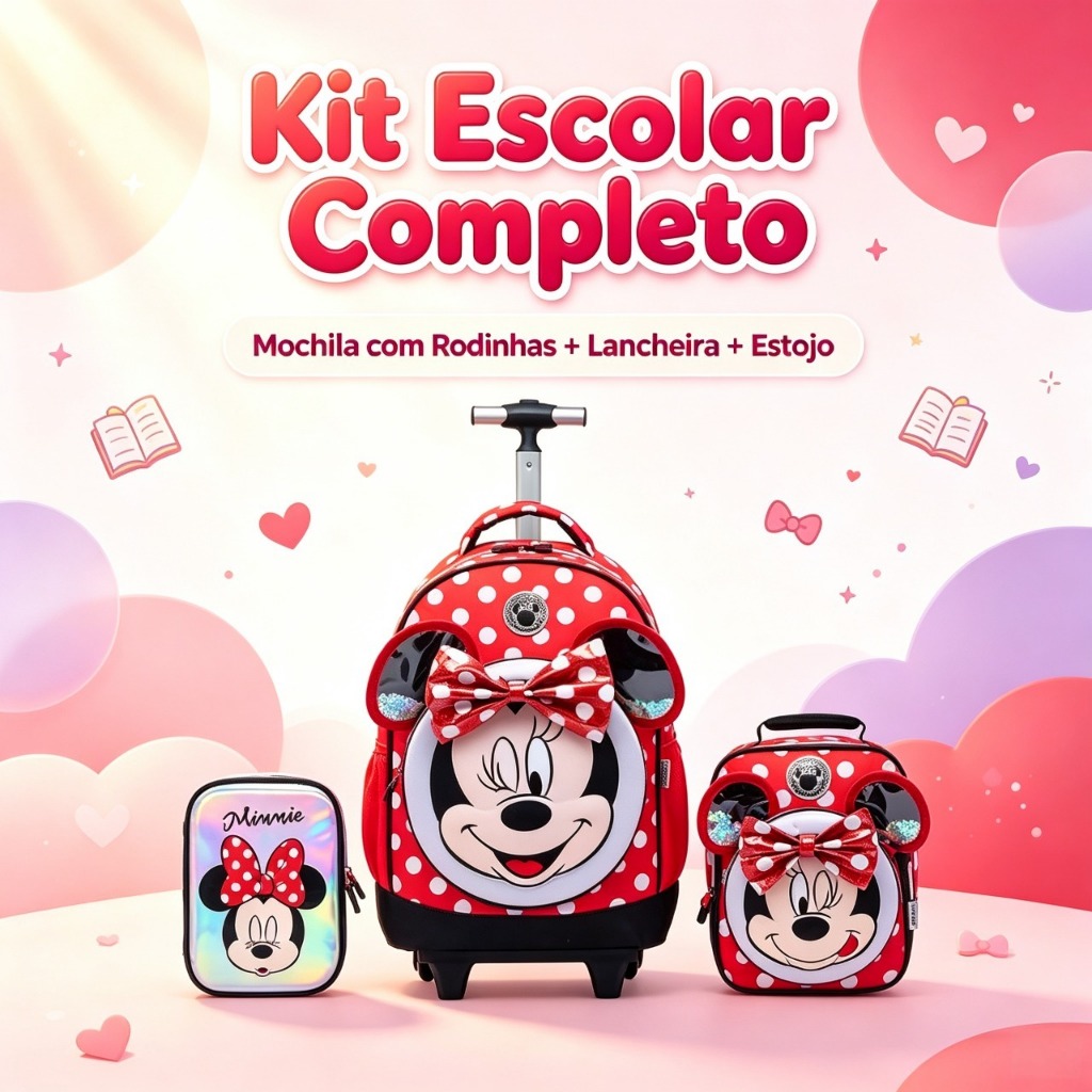 Kit Minnie Mochila Lancheira Estojo Escolar Feminina Rodinha Disney