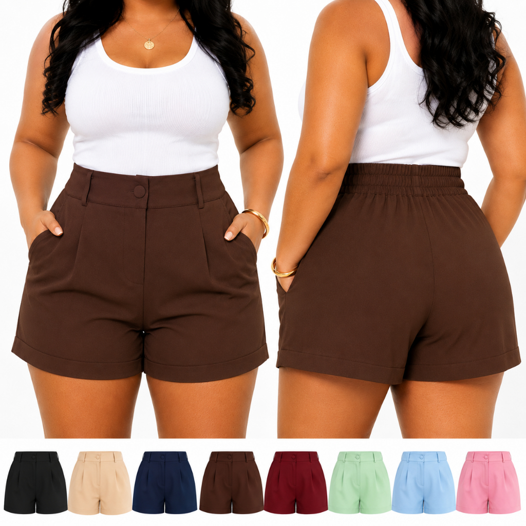 Short Alfaiataria Feminino Cintura Alta Com Elástico Atrás Elegante Premium