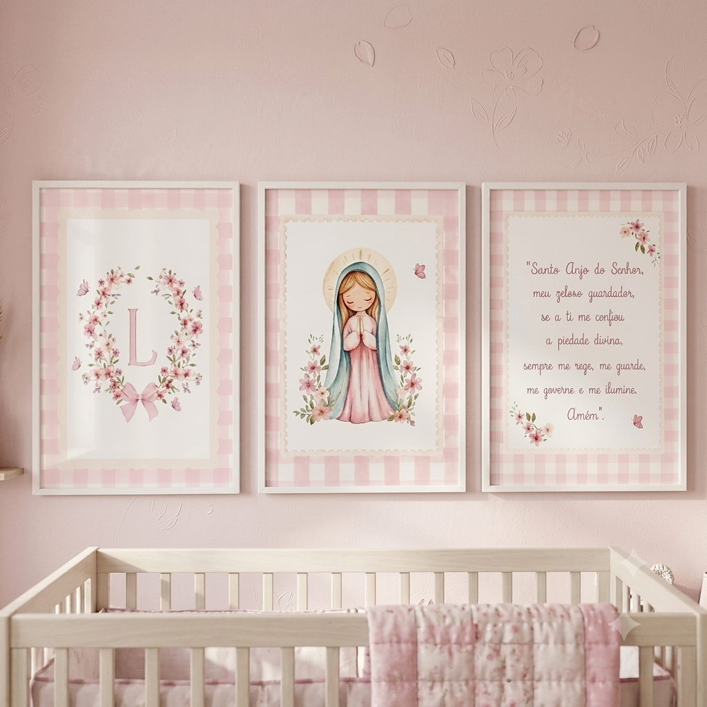 Kit 3 Quadros Decorativos Infantil Religioso Personalizado Nossa Senhora Aparecida Oração Santo Anjo COM MOLDURA