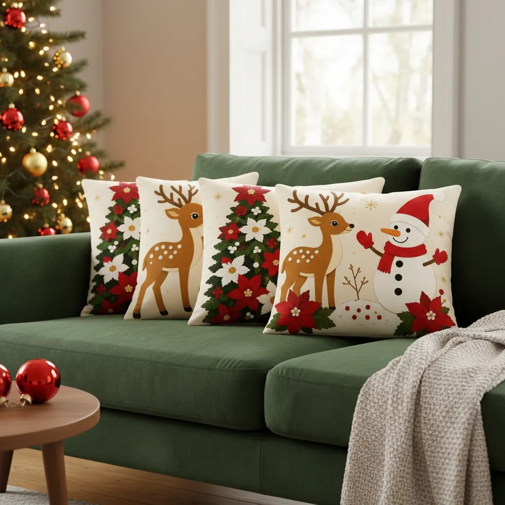KIT 4 CAPAS DE ALMOFADAS DECORATIVAS NATAL PAPAI NOEL BONECO DE NEVE FELIZ NATAL RENA - TAMANHO 45X45