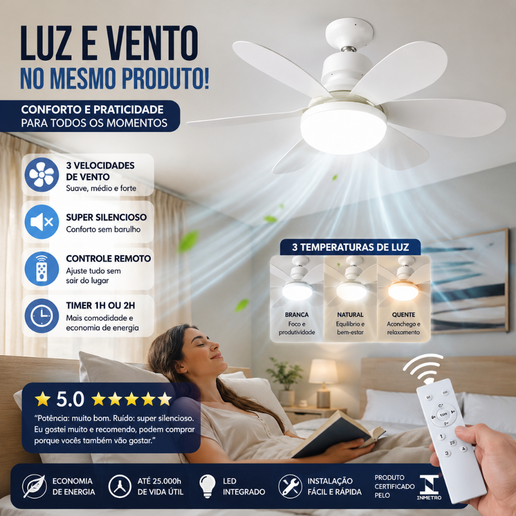 Lâmpada Ventilador 6 Pás De Teto,110V/220V Bivolt, E27 Com Controle Luz Ajustável
