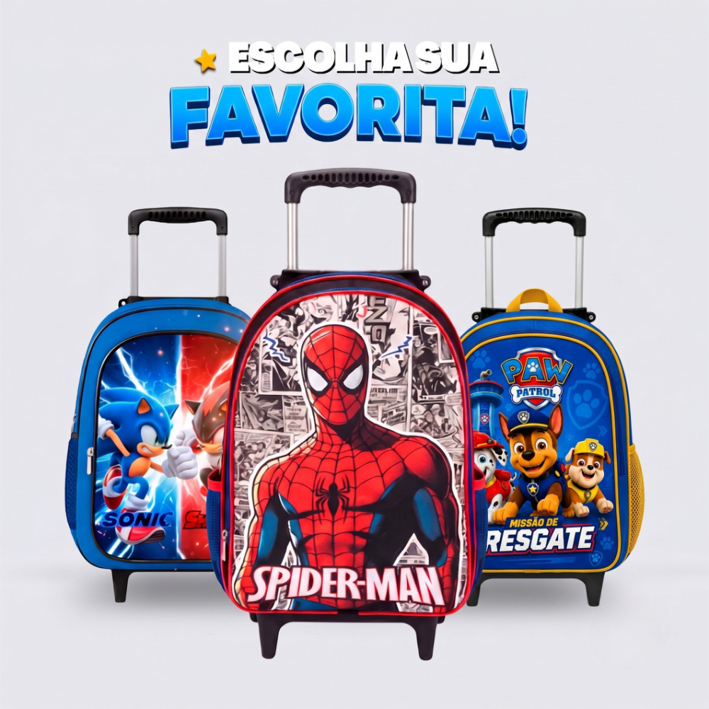 Mochila de Rodinha Escolar Infantil Masculina Reforçada | Estampas com Personagens + Alça Retrátil