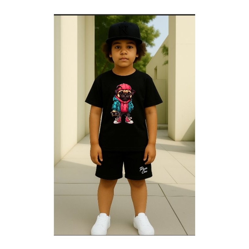 Conjunto Infantil Masculino Camiseta Estampada Cachorro Street + Bermuda Moletinho Casual