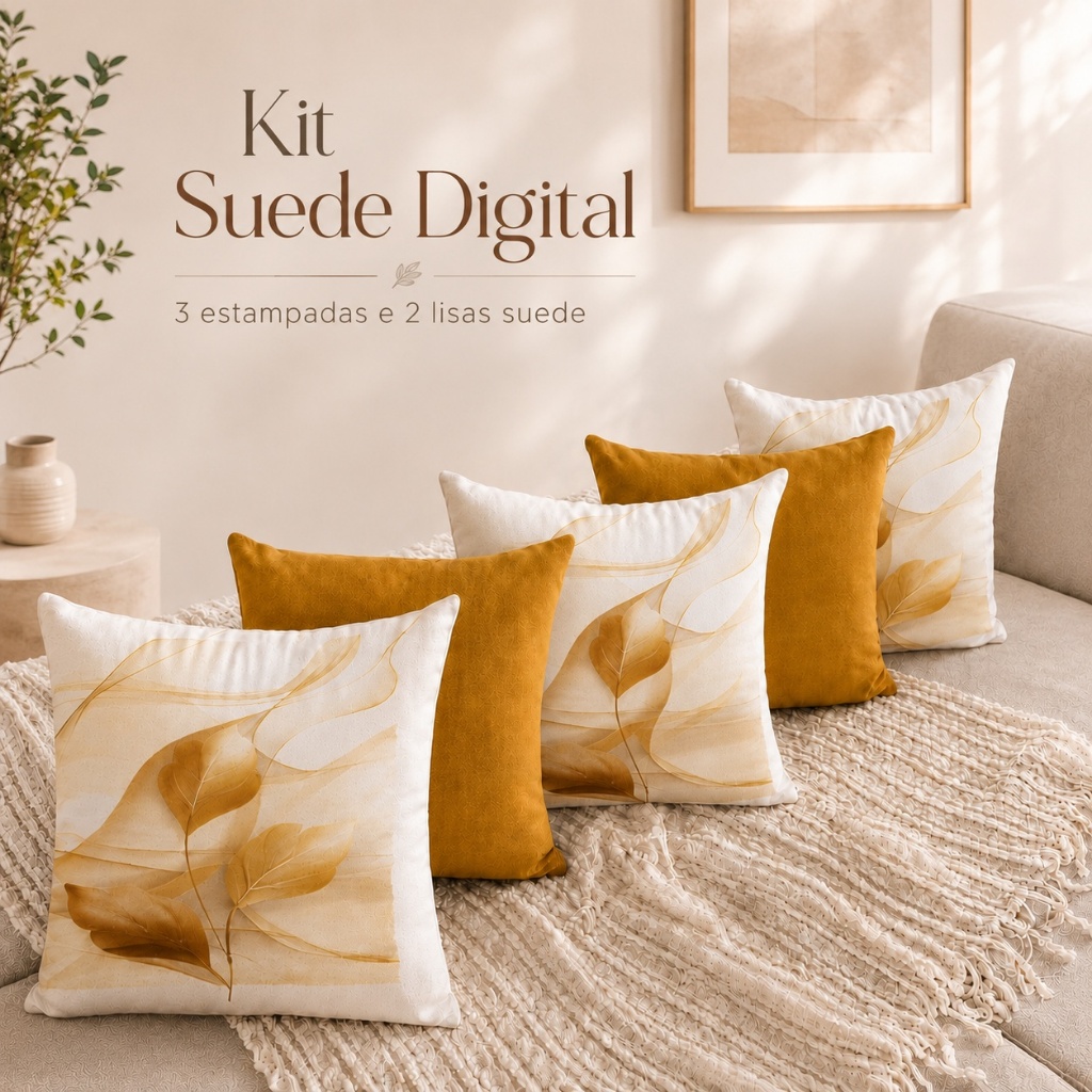 Kit 5 Capas de Almofada Decorativas 45x45cm em Suede Digital 3 Estampados e 2 Lisos