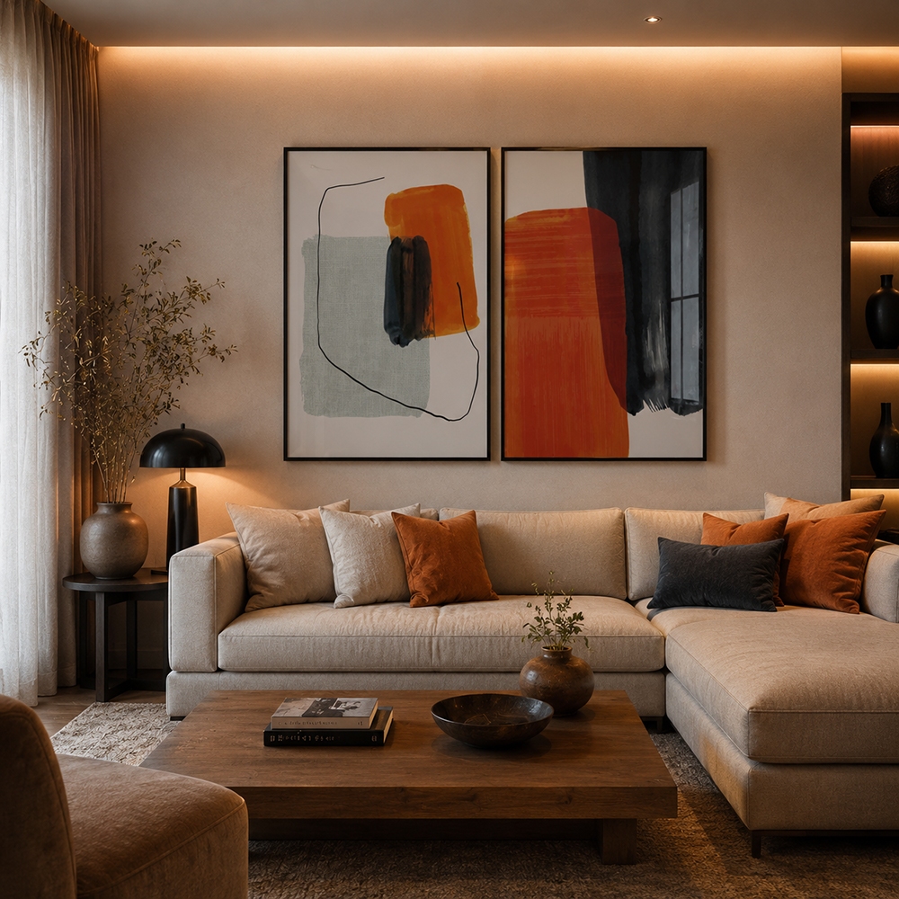 2 Quadros Decorativos Abstrato Geometrico Jogo de Tons e Formas com Moldura
