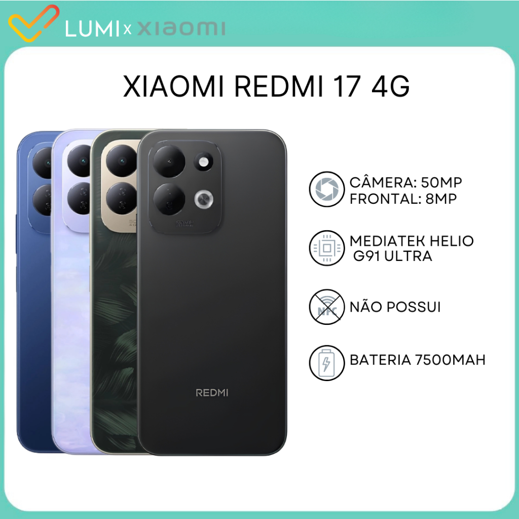 Xiaomi Redmi 17 4G, Versão global,128/256GB com 4/6GB RAM Processador MediaTek Hélio G91 Ultra, Bateria 7500mAh