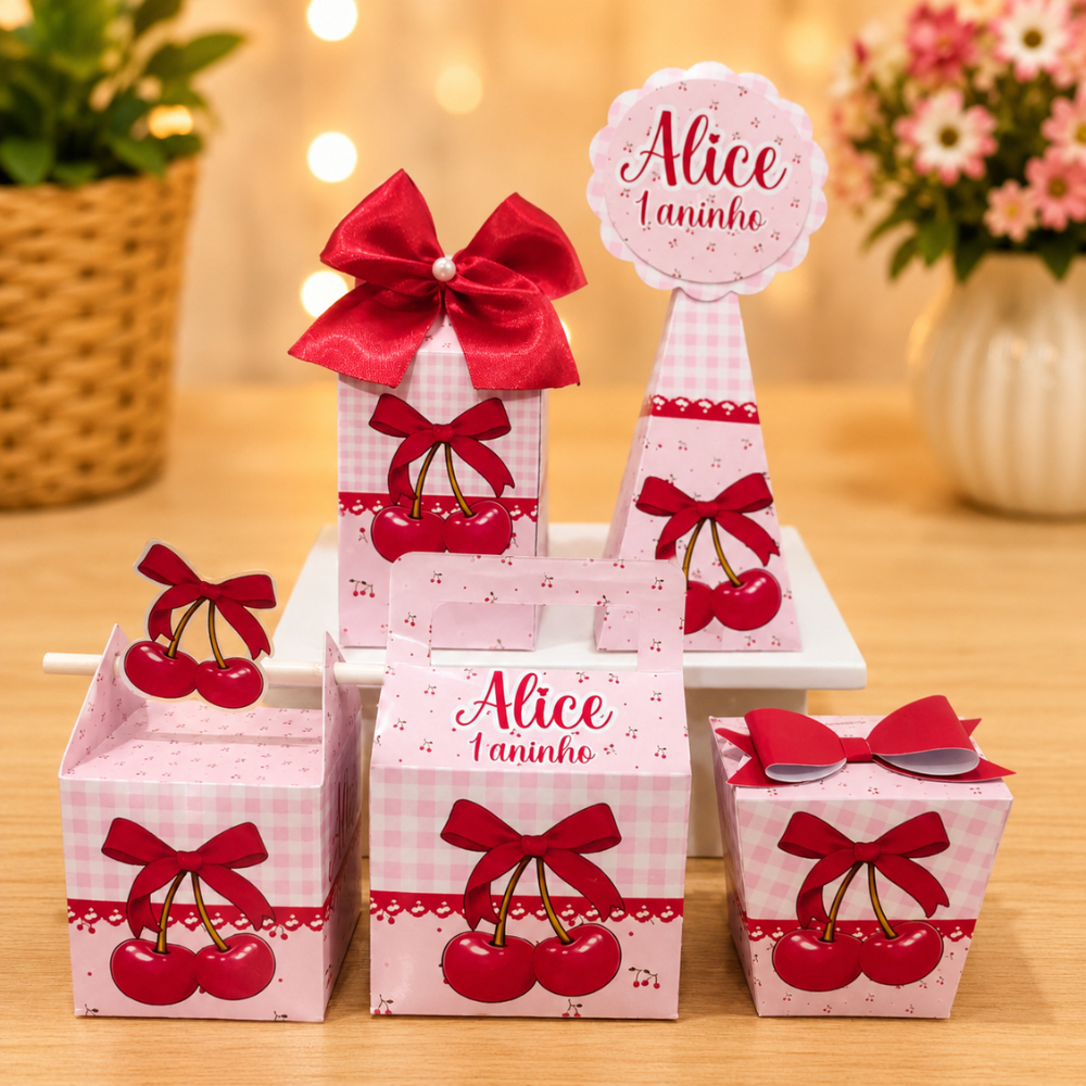 Kit Festa Cerejinha Personalizado | Caixinhas Personalizadas Pegue e Monte | Lembrancinha Aniversário Infantil