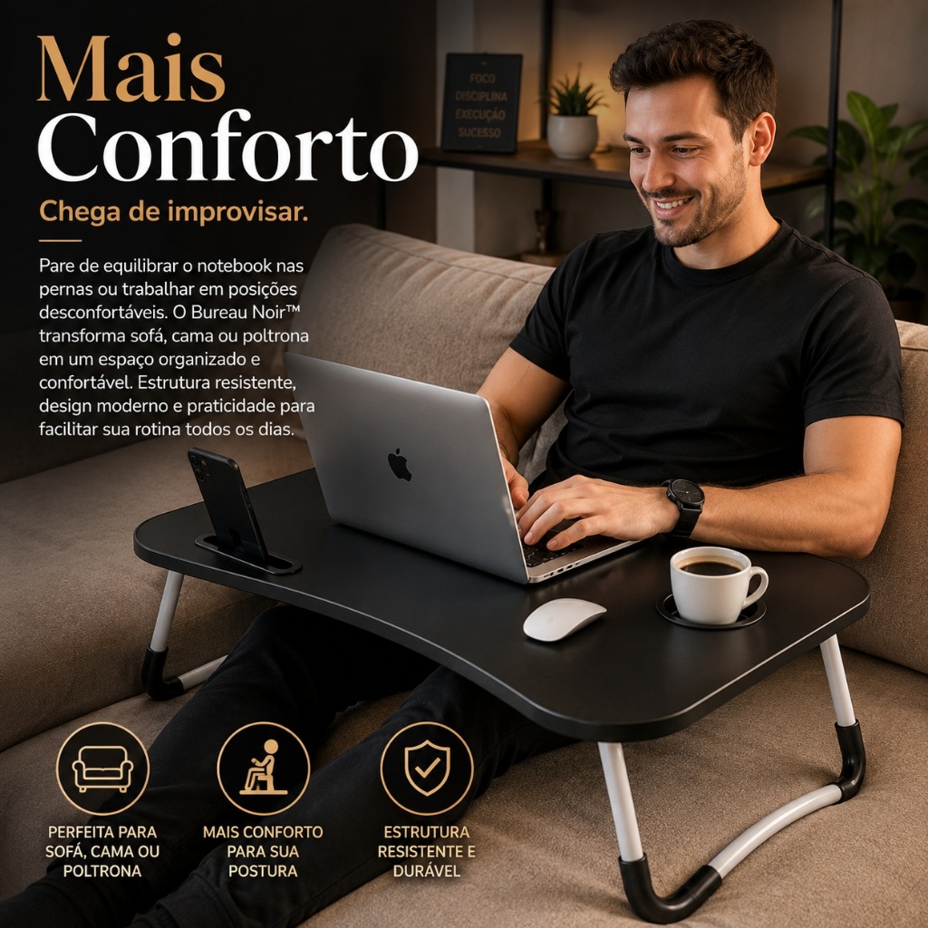 Mesa para Notebook Dobrável Portátil Multiuso para Cama Sofá Home Office com Porta Copos Bureau Noir™