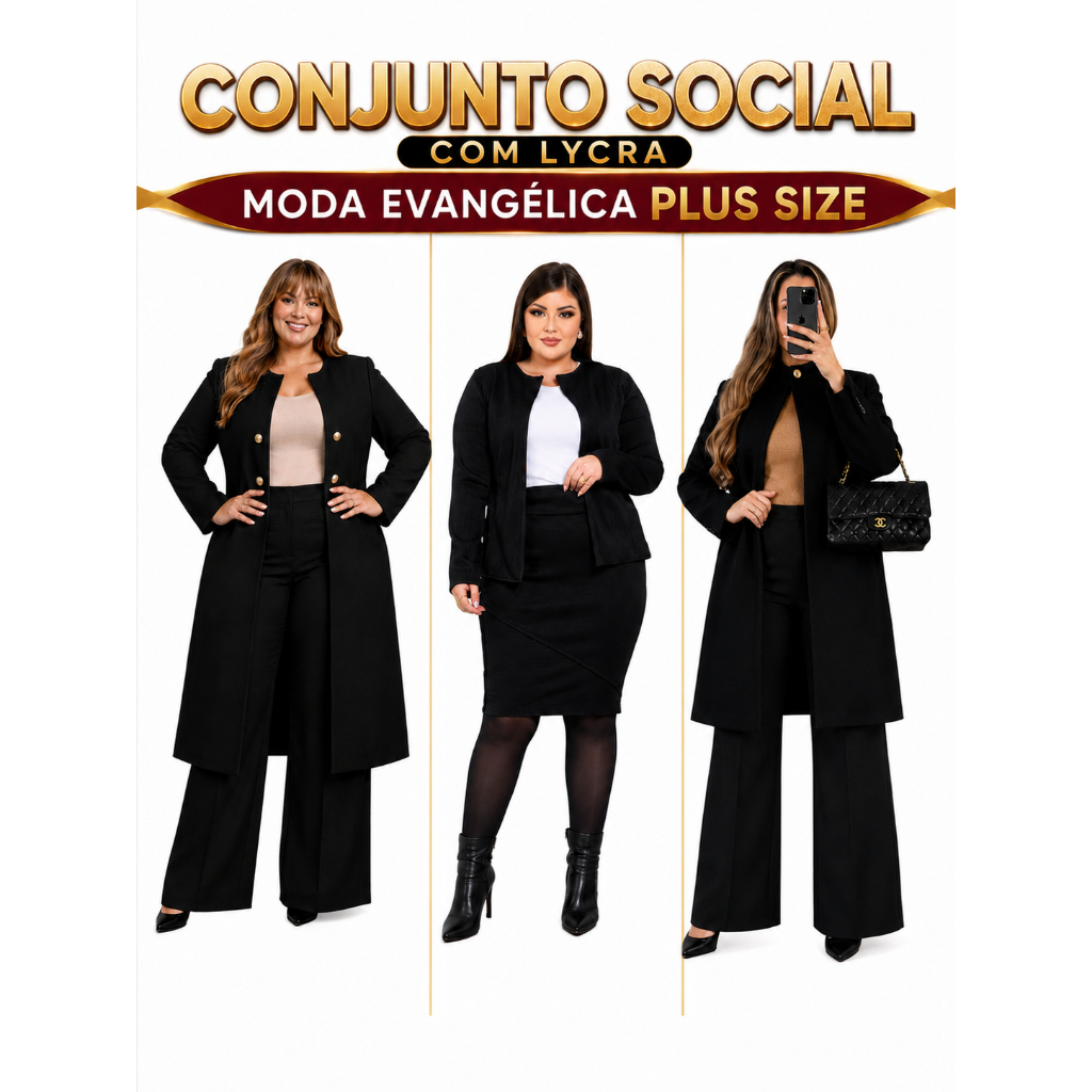 CONJUNTO SOCIAL FEMININO KIT 2 PEÇAS CASACO E SAIA OU SOBRETUDO E CALÇA PANTALONA ROUPA SOCIAL MODA EVANGÉLICA PLUS SIZE