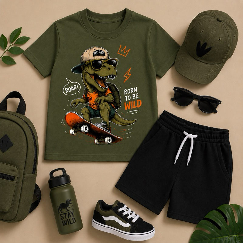 Conjunto Infantil Masculino Dinossauro Skate Camiseta Algodão Short Moletinho Roupa Infantil Mini&Co