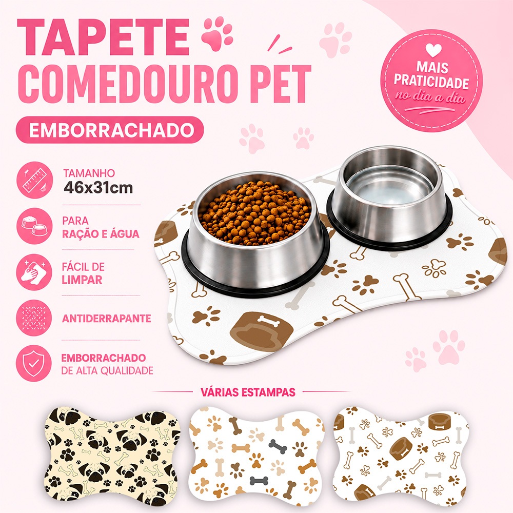 Tapete Comedouro Osso para cão e gato - Tapete Pet Patas 46x31  - OSSINHOS MARROM
