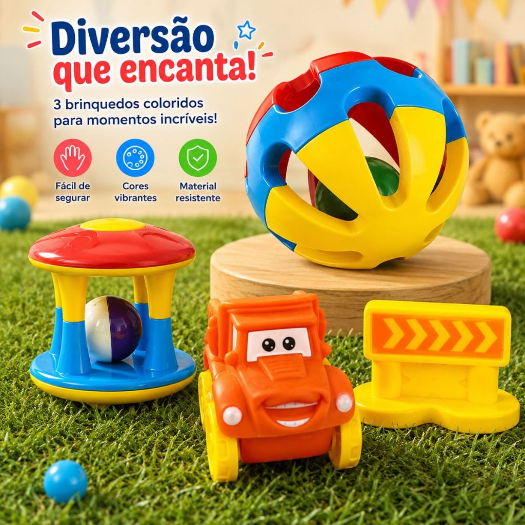 Kit Brinquedos Infantis Carrinho Caminhão Bola Torre com Guizo Sensorial Colorido 3 Peças