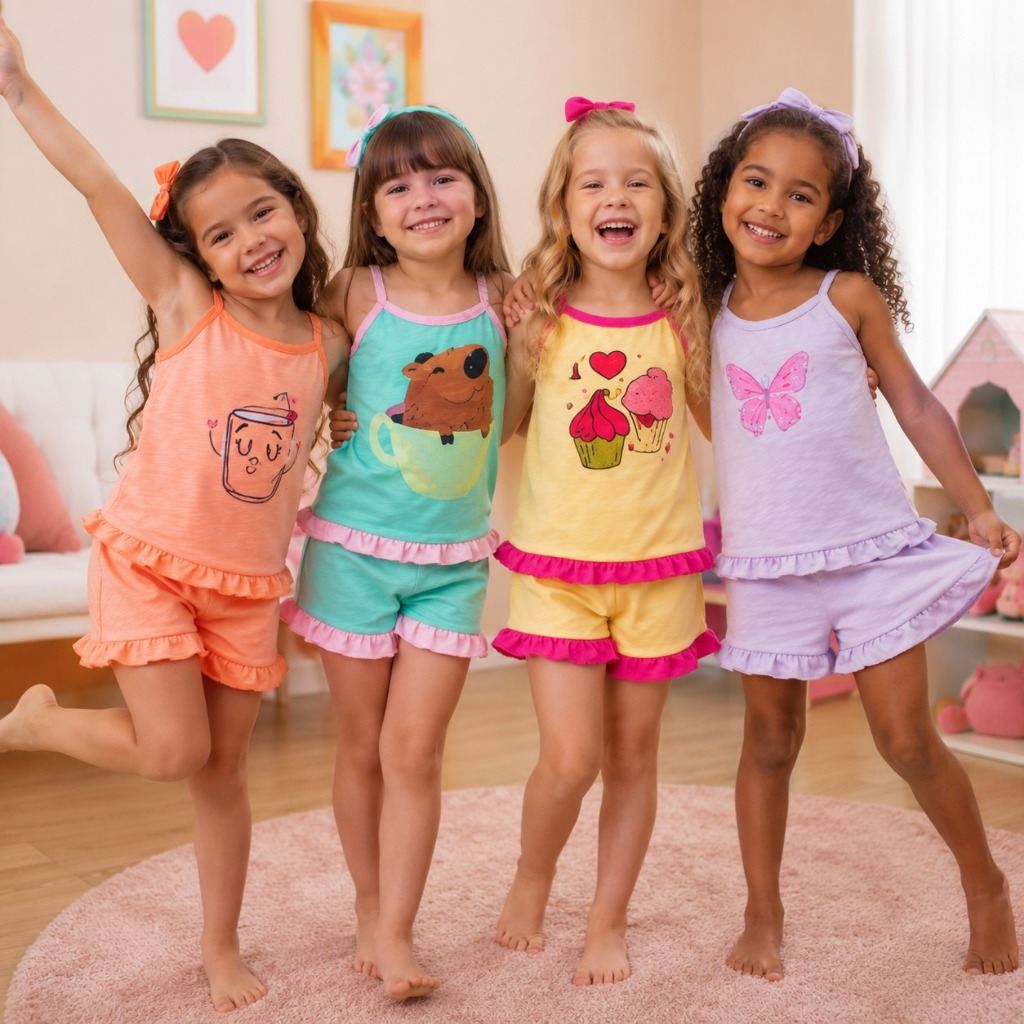KIT COM 4 Pijamas INFANTIL estampado Baby Doll para Meninas Pijama Alcinha Menina