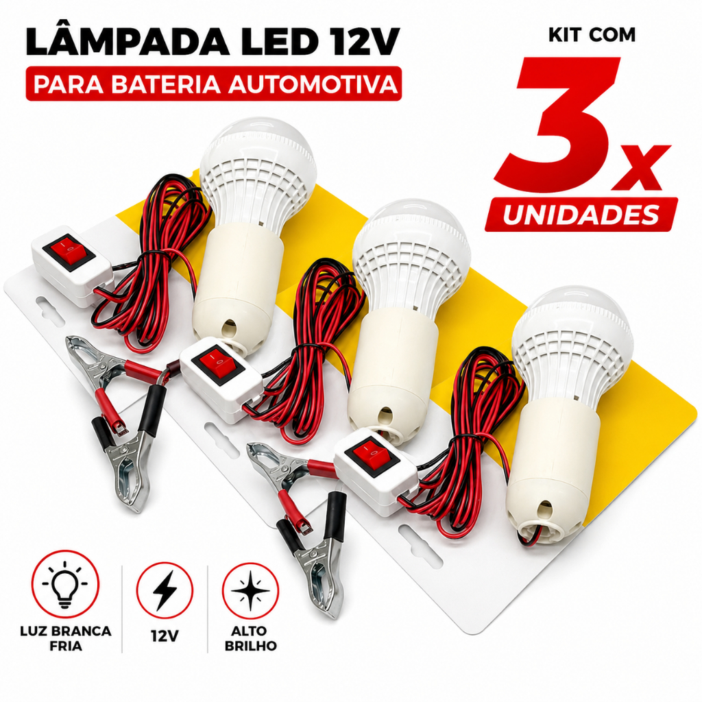 Kit 3 Lâmpadas LED 12V Luz Branca para Bateria Automotiva com Cabo de 3 Metros  12V iluminação de emergência, camping