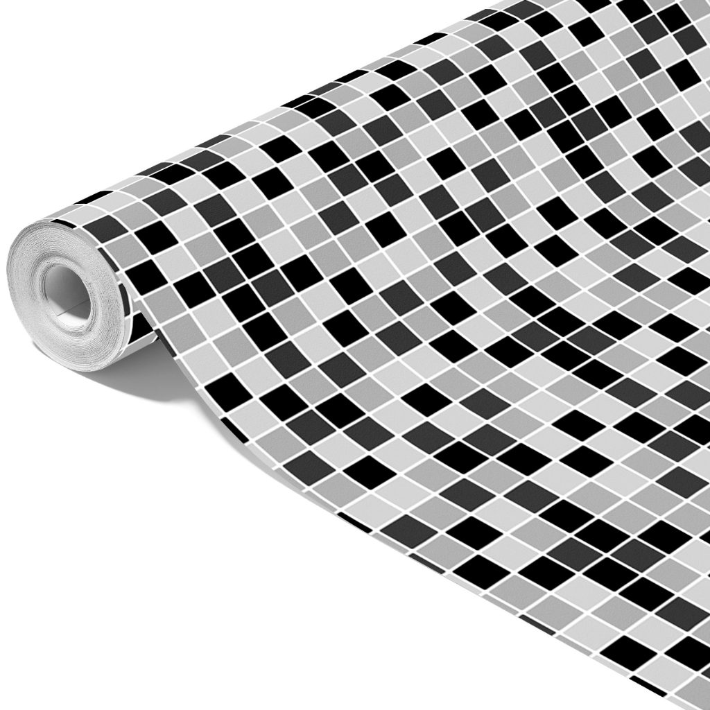Papel de Parede Adesivo Lavável Pastilhas Azulejo Para Cozinha e Banheiro Quadrado Preto Com Cinza