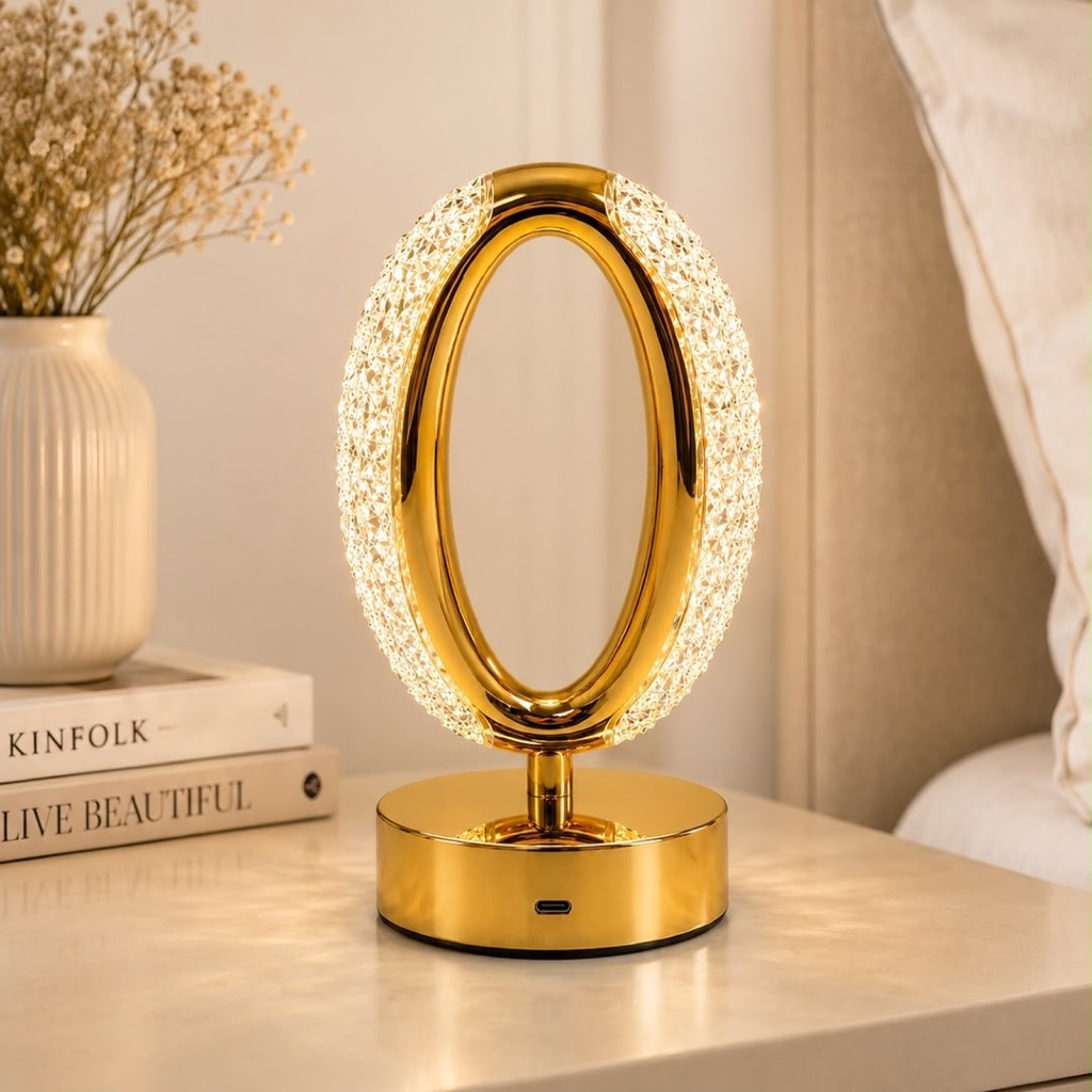 Luminária LED Oval de Mesa Recarregável USB 3 Tons de Luz Abajur Decorativo Dourado Quarto Sala Casa