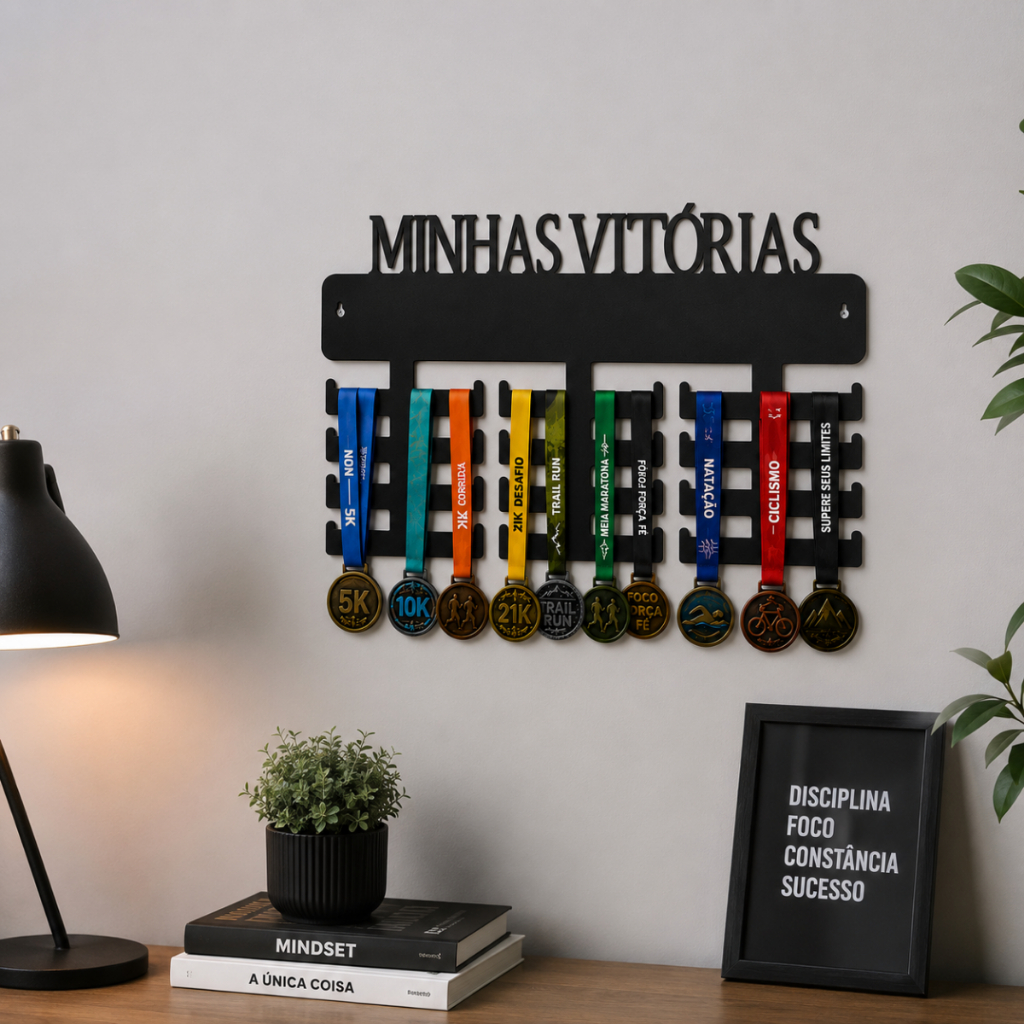 Porta Medalhas Decorativo de Parede Modelo Minha Vitorias MDF Preto 30x20cm