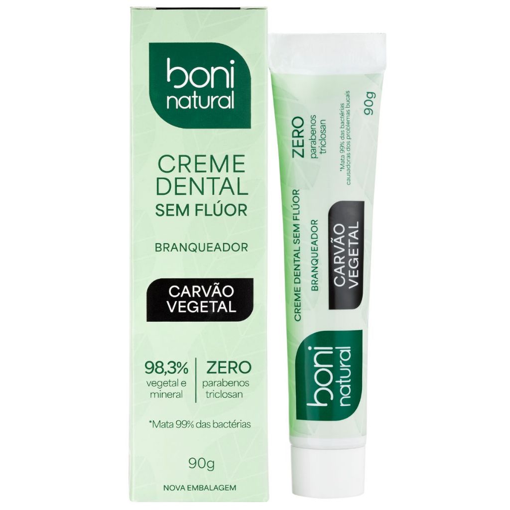 Creme Dental Natural Sem Flúor Carvão Vegetal e Menta 90g - Boni Natural