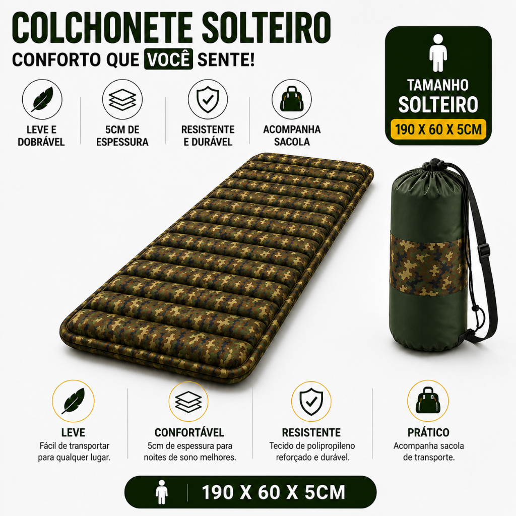 Colchonete Camping Camuflado Colchao dobravel Saco De Dormir  Pesca Acampamento Retiro Trilha C/ Saco De Trilha C/ Saco