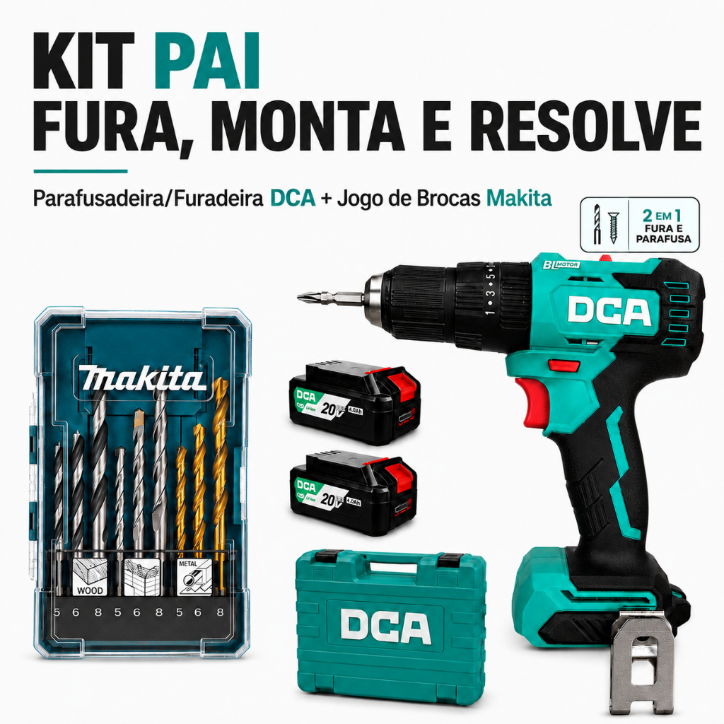 Parafusadeira Furadeira de Impacto DCA + Kit de Brocas Makita Brushless com 2 Baterias 13mm 4Ah