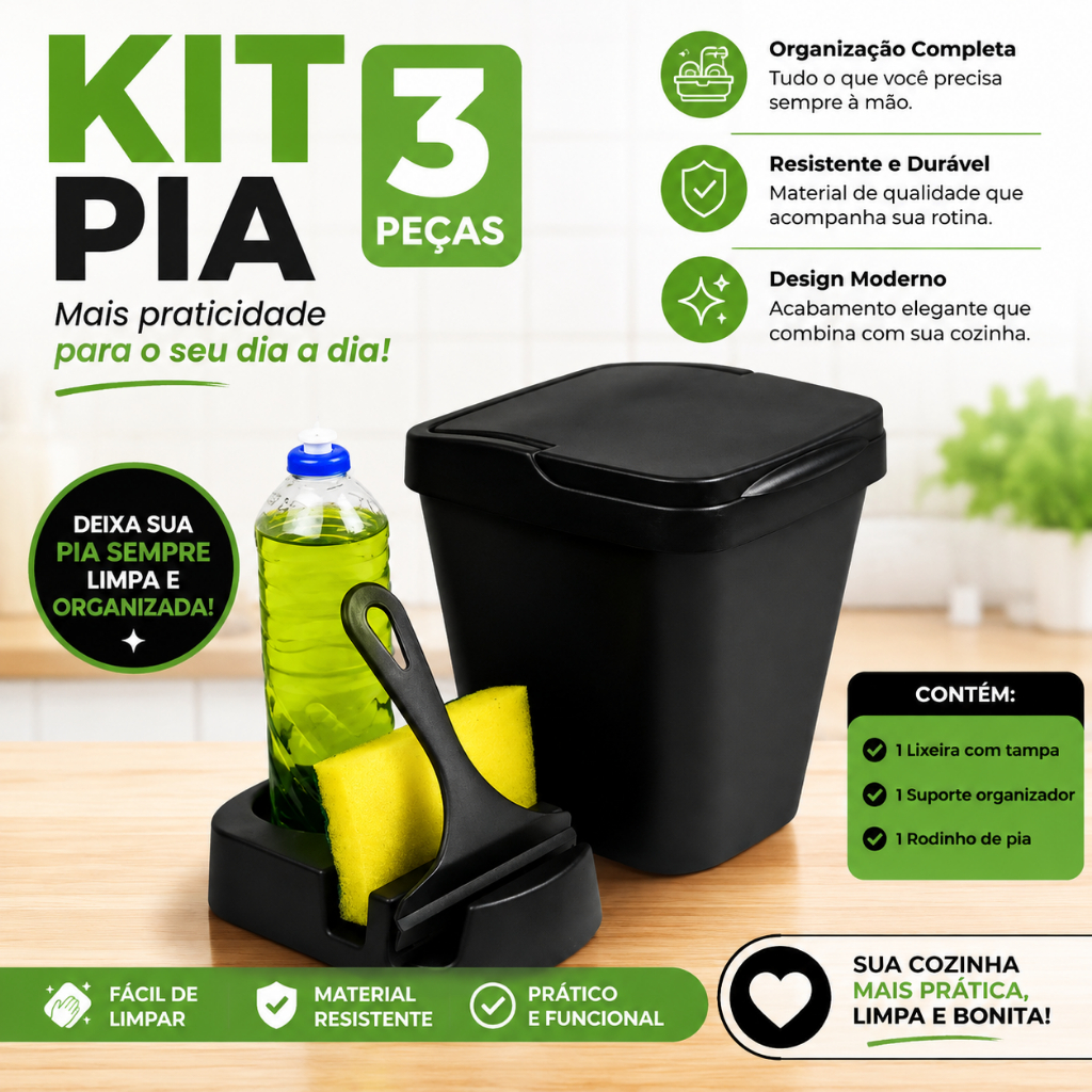 Organizador para Pia de Cozinha Kit com Lixeira Porta Detergente e Rodo Prático