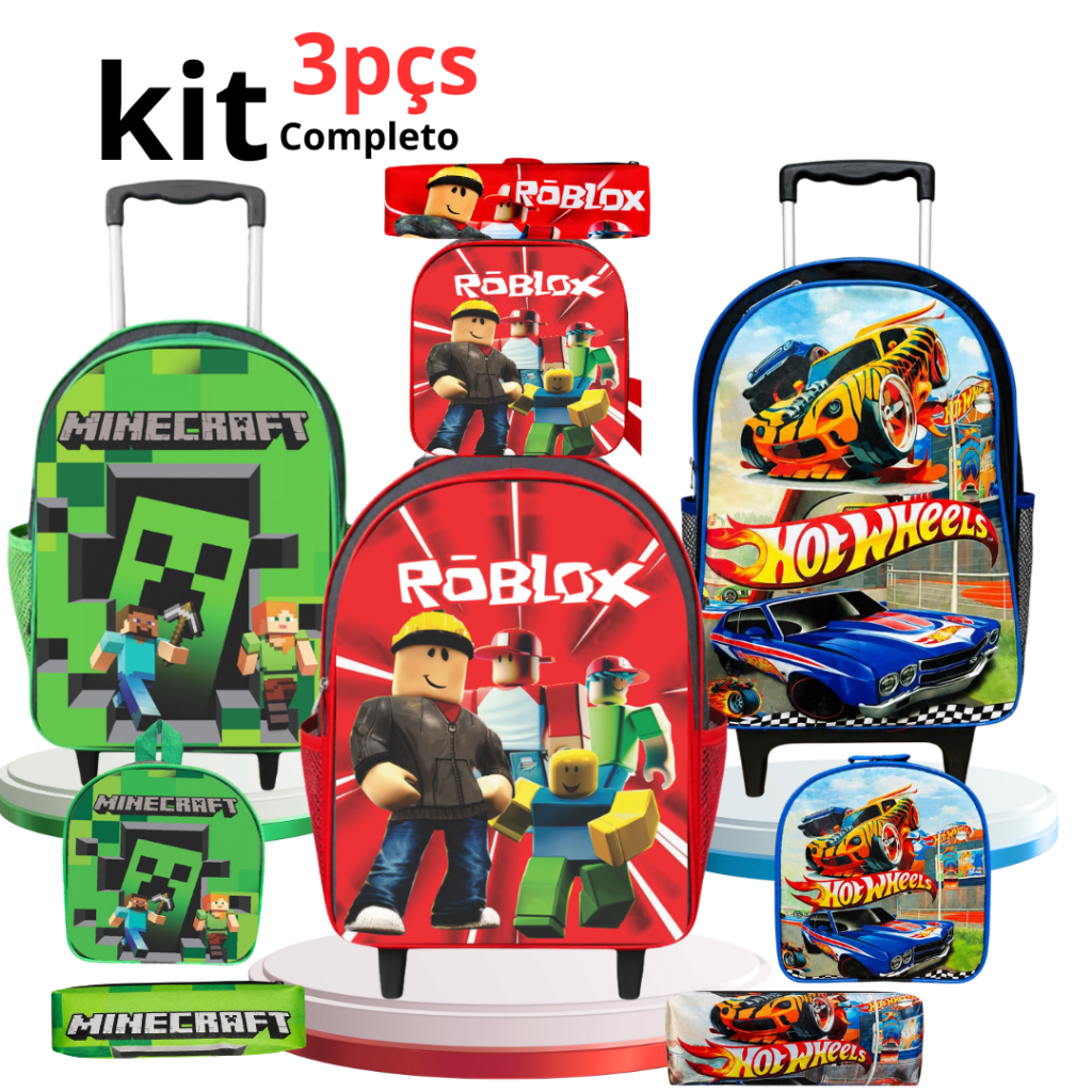 Kit Mochila Escolar Infantil  Carrinho  Rodinhas  Lancheira Estojo 3 Peças