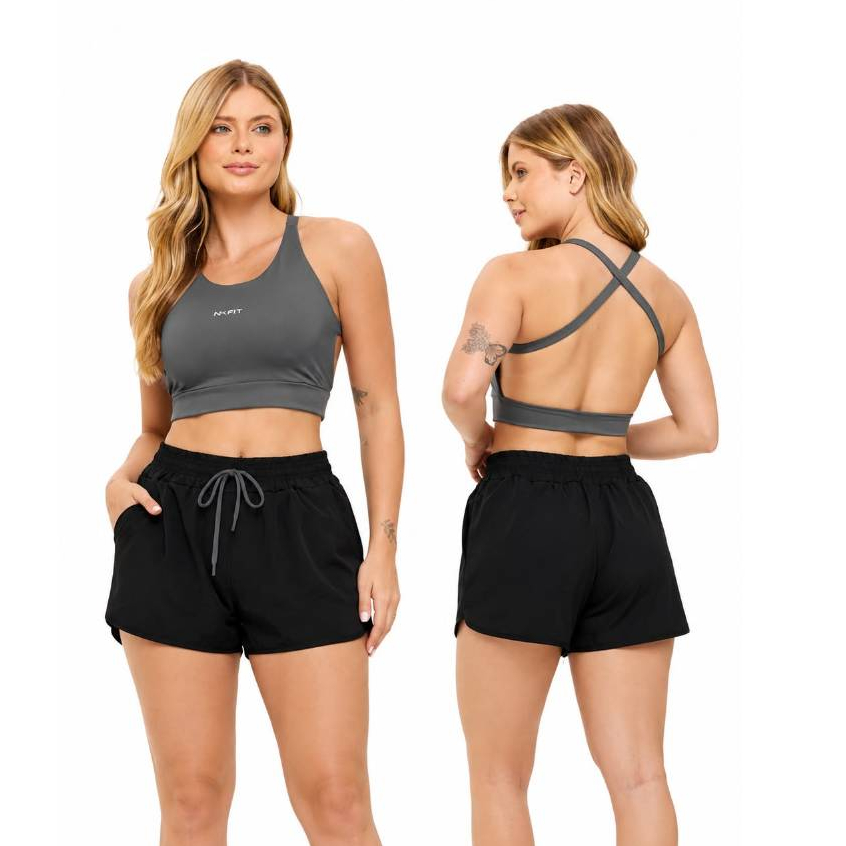 Conjunto Fitness Feminino Short Duplo com Top Alça Cruzada Corrida Academia Lumen
