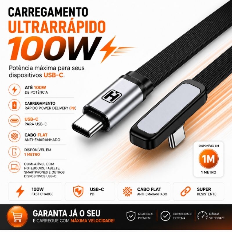Cabo Carregador Gamer Usb-c P Tipo-c 90° 1 Metros Turbo 100w