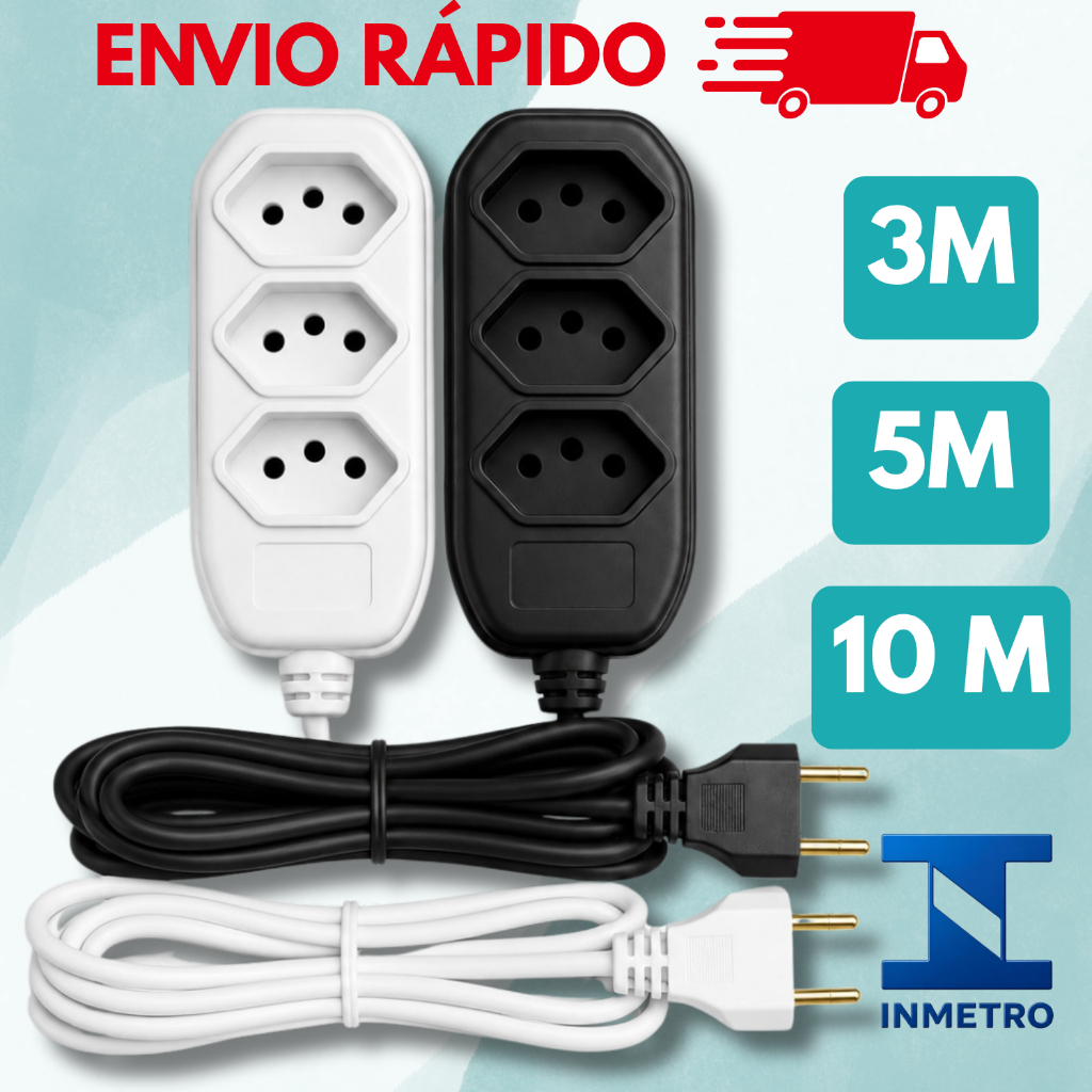 Extensão elétrica de 2, 3, 5 e 10 metros bivolt 110v/220v preta 3 pinos 10A padrão BRA NBR 14136