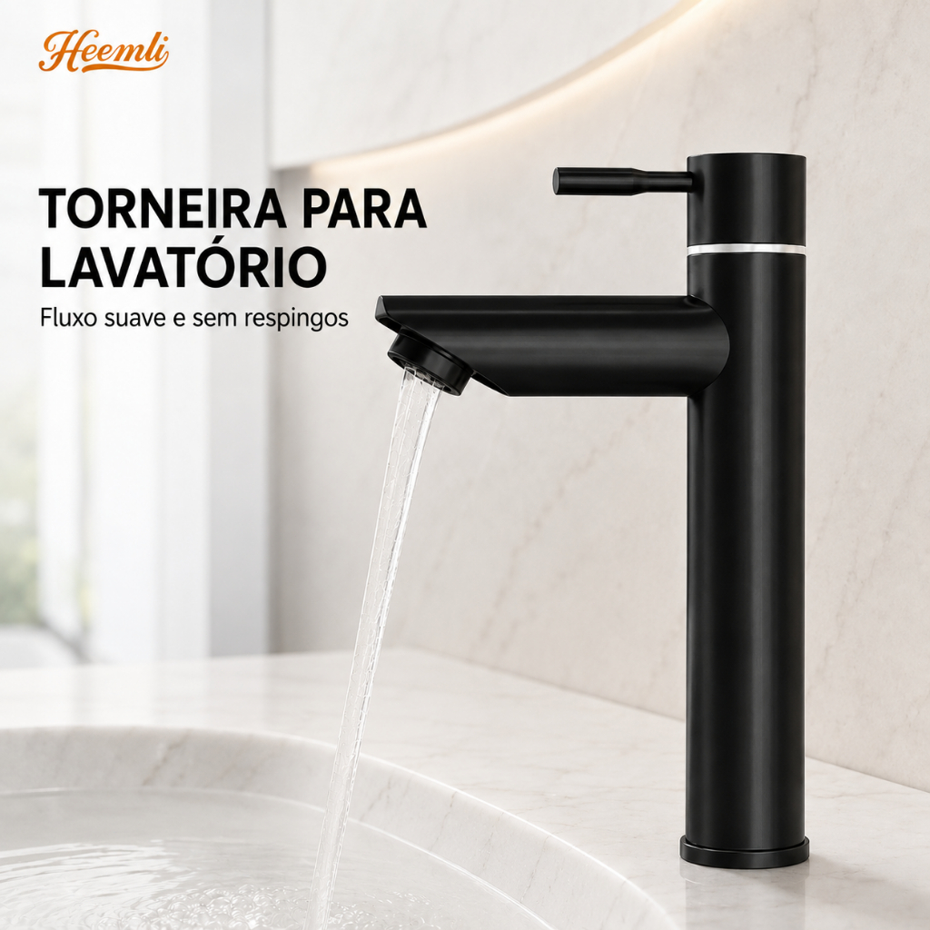 Heemli Torneira de Banheiro Preta Fosca em Inox – Bica Alta, Água Fria, Instalação Fácil