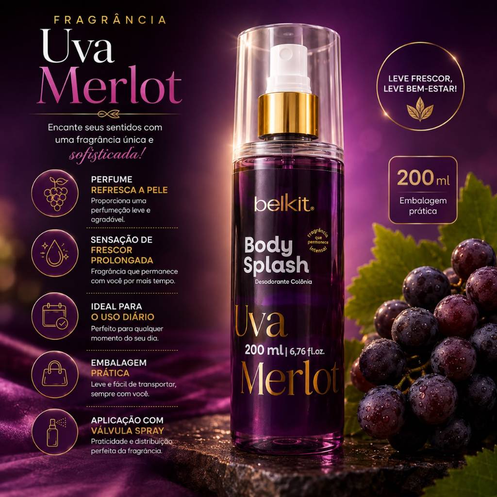 Body Splash Uva Merlot 200 ml Belkit Alta Projeção Alta Fixação Perfumaria Fina